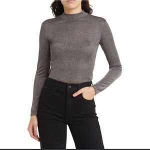 Reformation Silver Long Sleeve Mock Neck Blouse Top Holiday XS Bailey